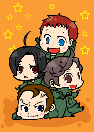 1girl 3boys ace_combat ace_combat_5 ahoge alvin_h_davenport bad_id bad_pixiv_id blaze chibi flight_suit g-suit hans_grimm kei_nagase komecco lowres multiple_boys nagase_kei namco