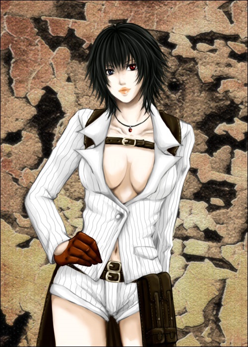 1girl bad_id bad_pixiv_id black_hair breasts devil_may_cry devil_may_cry_(series) devil_may_cry_4 gloves green_eyes hand_on_own_hip heterochromia jacket jewelry lady_(devil_may_cry) mikaneco necklace no_bra red_eyes red_gloves shorts white_jacket white_shorts