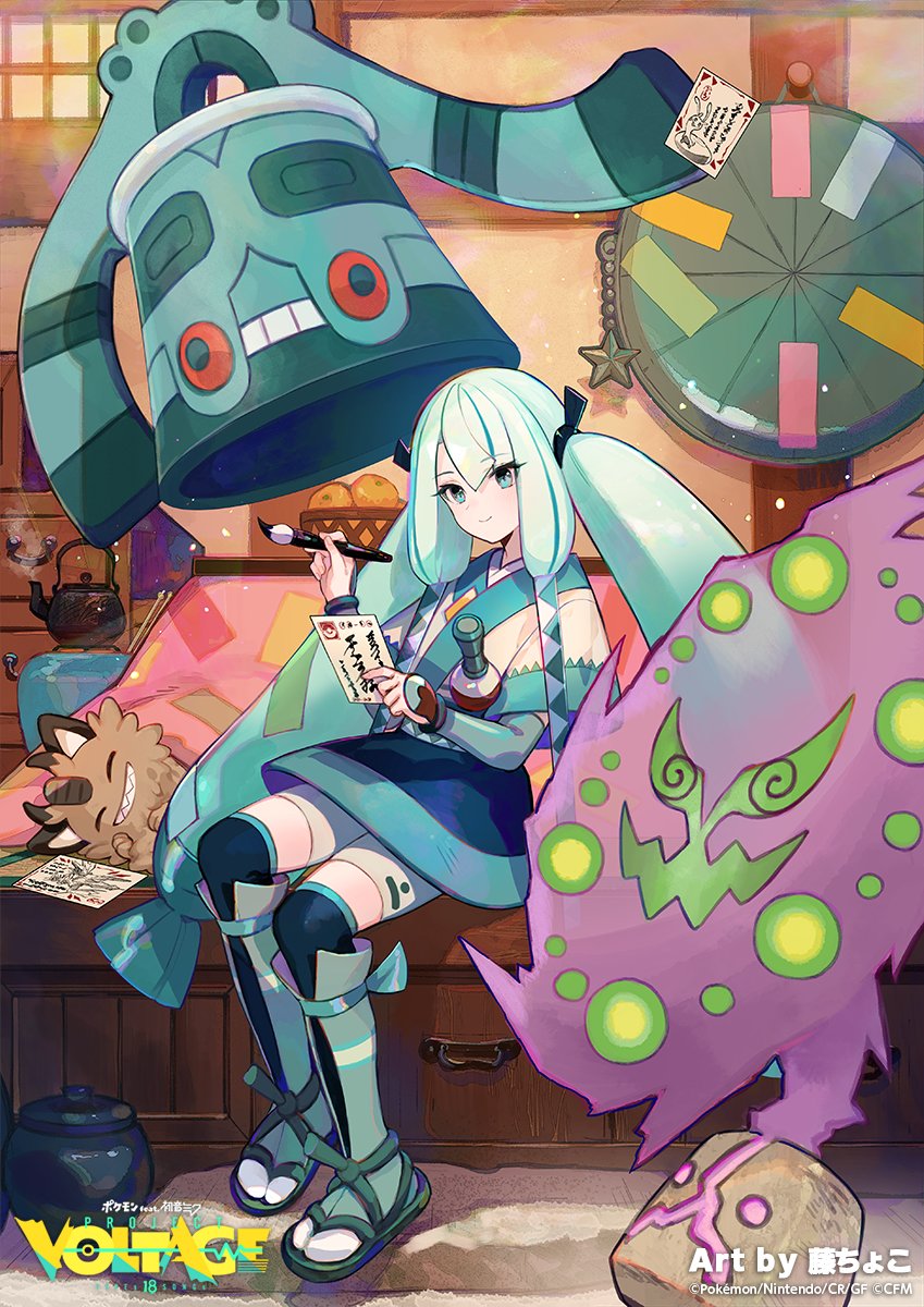 1girl artist_name blue_eyes blue_hair blue_sleeves bronzong calligraphy_brush closed_eyes copyright_name detached_sleeves fuzichoco galarian_form galarian_meowth gen_4_pokemon gen_8_pokemon hatsune_miku highres holding holding_calligraphy_brush holding_paintbrush holding_paper indoors japanese_clothes logo long_hair nintendo official_alternate_costume official_art paintbrush paper pokemon pokemon_(creature) project_voltage sandals second-party_source sitting spiritomb steel_miku_(project_voltage) twintails very_long_hair vocaloid water