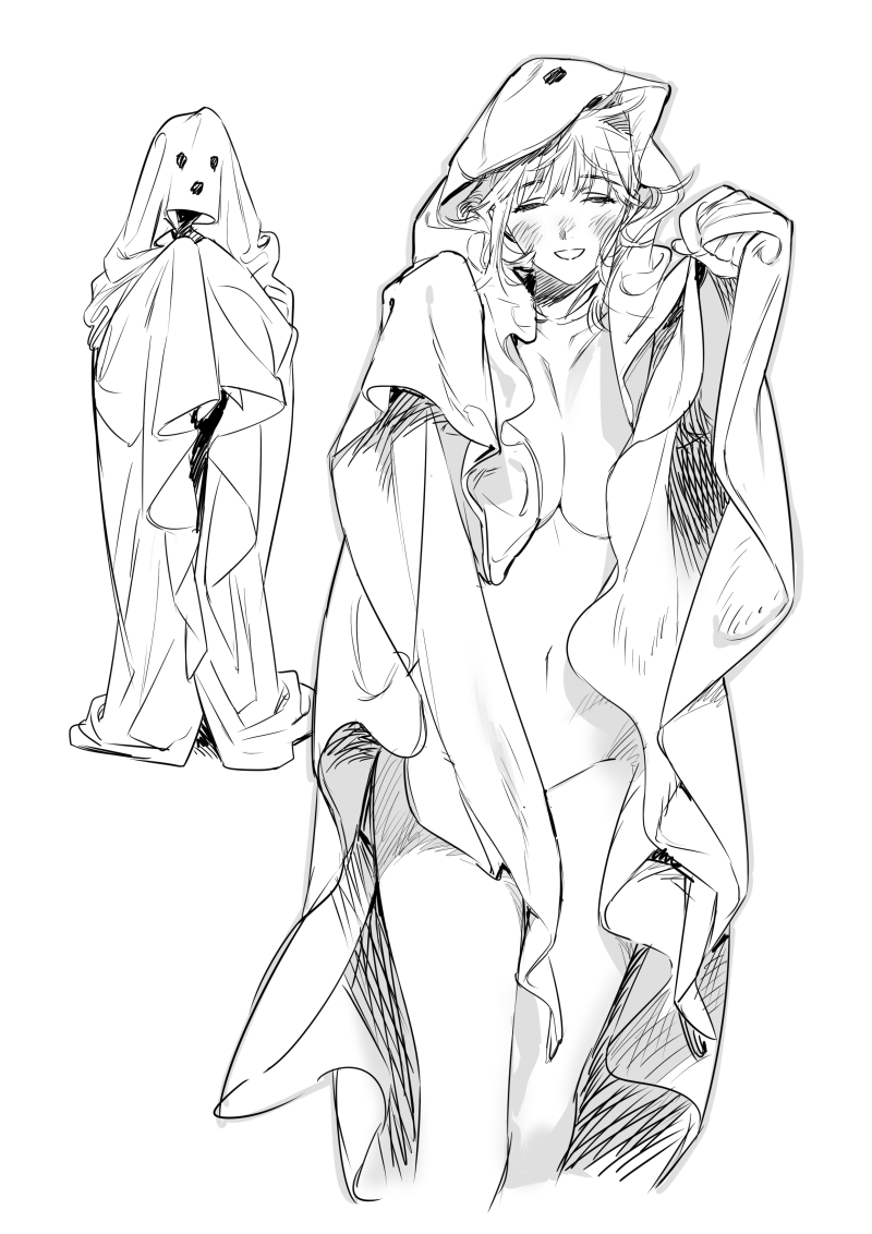 1girl cape dungeon_meshi falin_touden falin_touden_(tallman) halloween halloween_costume monochrome multiple_views naked_cape wawa_(wawawa0080) white_background