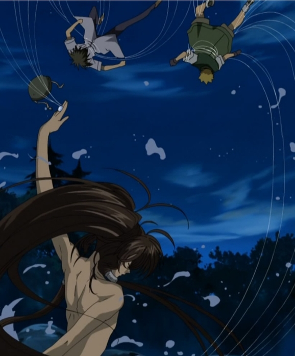 3boys amano_ginji anime_screenshot attack bathing black_hair blonde_hair brown_hair clothed_male_nude_male fuuchouin_kazuki getbackers hair_tubes long_hair male_focus midou_ban multiple_boys nude onsen stitched third-party_edit trap