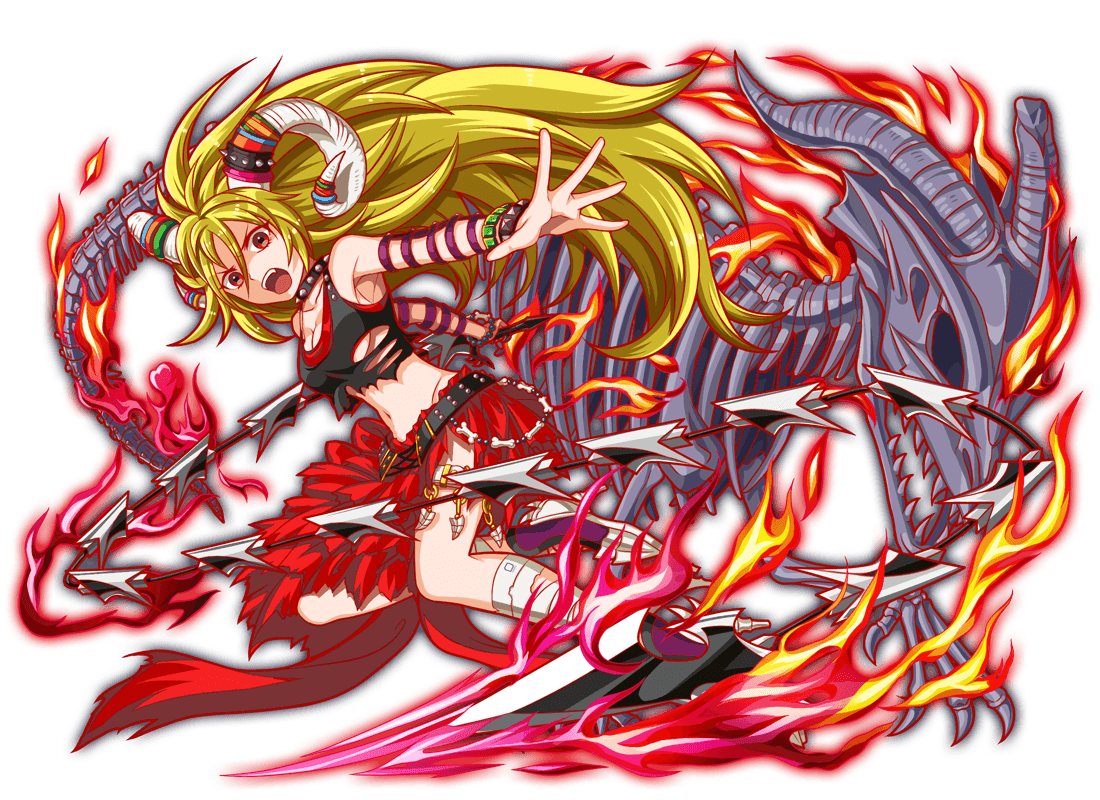 1girl 1other adapted_costume alternate_body_size alternate_costume angry animal_skeleton anime_coloring ankle_boots armband armpits artist_request asymmetrical_skirt bare_shoulders belt big_hair black_belt black_collar black_tank_top blonde_hair bone_ornament boots bra bracelet breasts brown_armband cleavage collar collarbone crash_fever curled_horns eyelashes fang fire full_body game_cg goat_horns hair_between_eyes high_heel_boots high_heels holding holding_weapon horns jewelry leg_wrap long_hair looking_at_viewer medium_breasts midriff navel number_print numbered official_alternate_body_size official_alternate_costume official_art open_mouth outline outstretched_arms purple_footwear red_bra red_eyes red_outline red_skirt serious side_slit skirt solo_focus spiked_collar spikes spread_arms square square_print tachi-e tank_top teeth third-party_source tongue torn_clothes torn_skirt torn_tank_top transparent_background underboob underwear upper_teeth_only very_long_hair weapon white_horns yuno_(crash_fever)