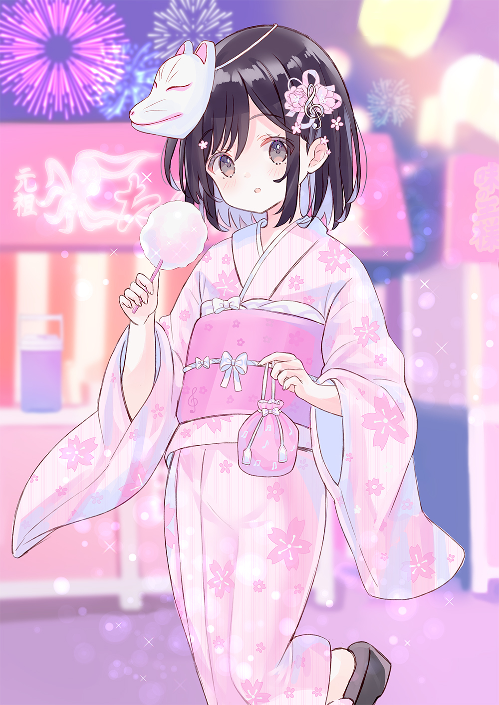 1girl :o asymmetrical_bangs bag black_hair blurry bokeh bow brown_eyes candy cherry_blossom_print commission cotton_candy depth_of_field drawstring drawstring_bag festival fireworks floral_print flower food fortissimo fruitsrabbit hair_flower hair_ornament heel_up highres holding holding_bag holding_candy holding_food japanese_clothes kimono kiosk light_blush long_sleeves mask mask_on_head medium_hair musical_note musical_note_hair_ornament night obi obi_bow original outdoors parted_lips pink_flower pink_kimono sash solo standing white_bow wide_sleeves