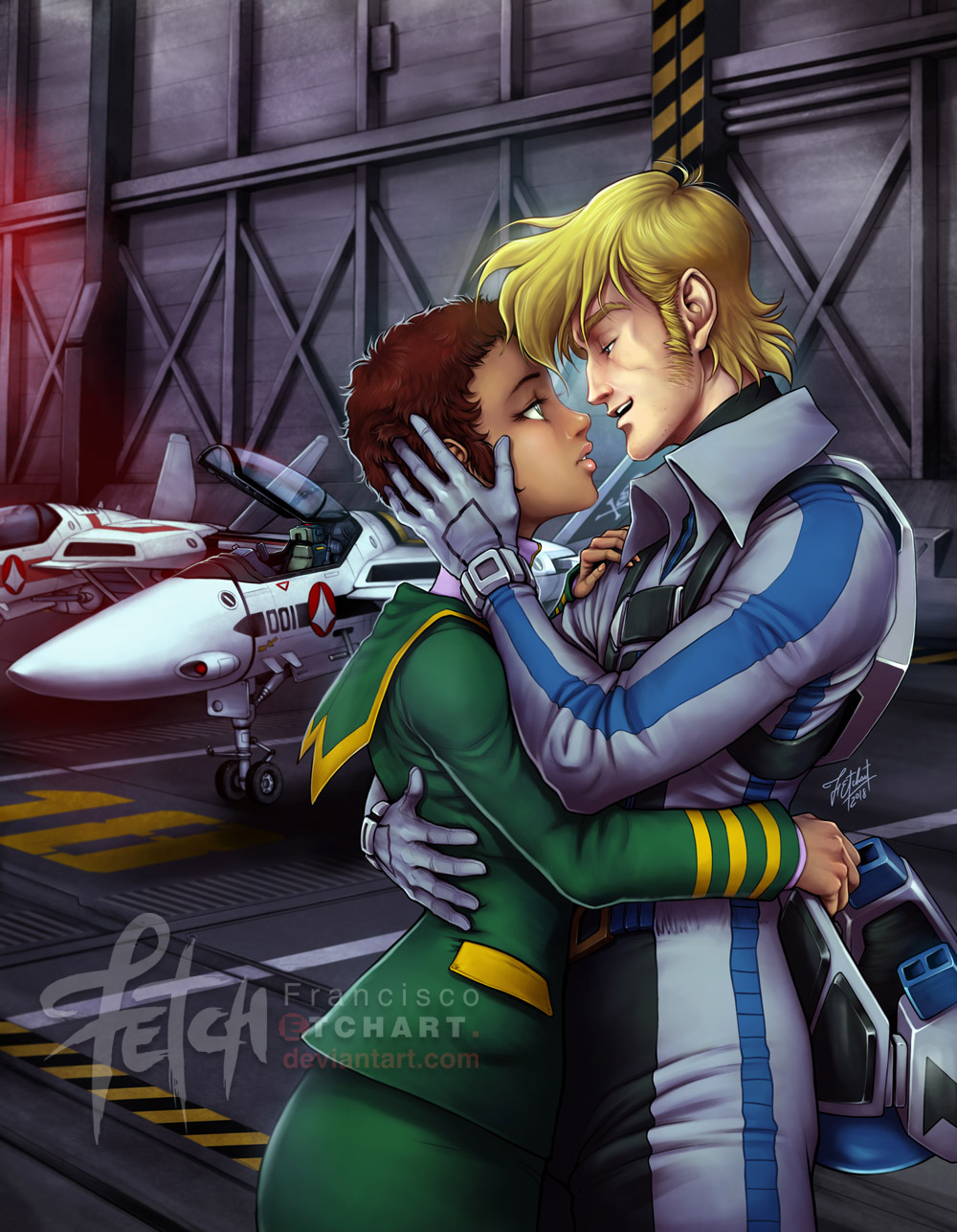 1980s_(style) 1boy 1girl 2018 aircraft airplane alternate_universe blonde_hair brown_hair canopy_(aircraft) choujikuu_yousai_macross commentary couple curly_hair dark_skin dated deviantart_username energy_cannon english_commentary fighter_jet franciscoetchart gloves good_end hangar helmet highres hug imminent_kiss jolly_roger jumpsuit lasalle_claudia lips looking_at_another macross military military_uniform military_vehicle mullet official_art oldschool pilot pilot_suit promotional_art retro_artstyle robotech roundel roy_focker science_fiction sdf-1 sideburns sign signature skirt spacecraft_interior spacesuit u.n._spacy unworn_headwear unworn_helmet variable_fighter vf-1 vf-1j vf-1s warning_sign