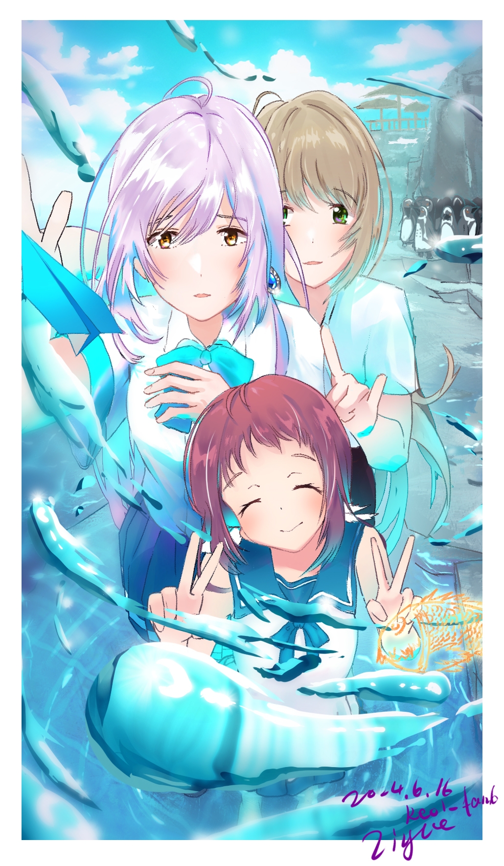 3girls bird blue_sailor_collar brown_eyes brown_hair closed_eyes cloud company_connection dated day double_v earrings fish green_eyes hand_up highres irozuku_sekai_no_ashita_kara jewelry light_brown_hair looking_at_viewer miyazawa_fuuka mukaido_manaka multiple_girls nagi_no_asukara outdoors penguin purple_hair sailor_collar school_uniform shiroi_suna_no_aquatope shirt single_earring tsukishiro_hitomi v water white_shirt ziyue_(pixiv_53327290)