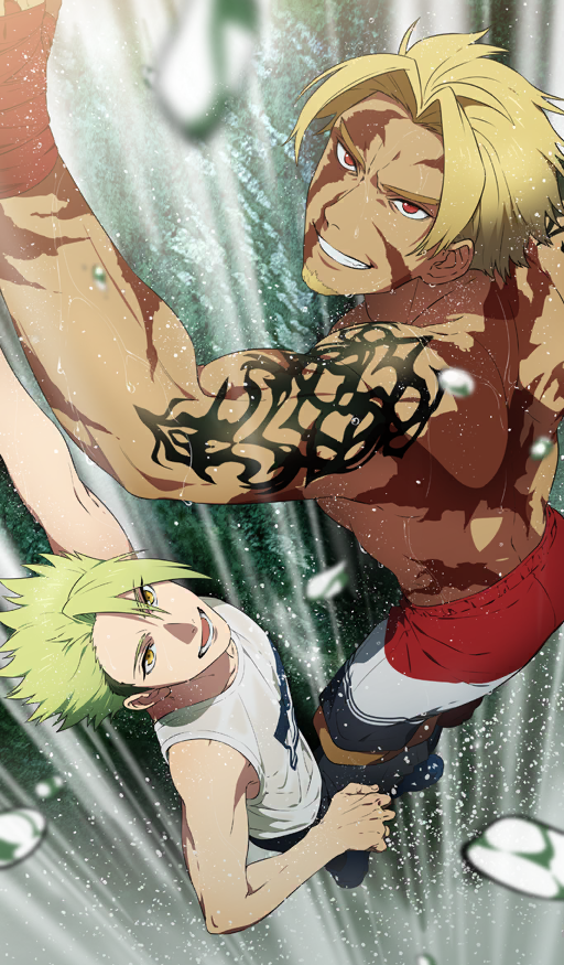 2boys achilles_(fate) bandaged_hand bandages bare_arms beowulf_(fate) blonde_facial_hair blonde_hair climbing collarbone commentary curtained_hair dark-skinned_male dark_skin facial_hair facial_scar fate/grand_order fate_(series) goatee green_hair looking_up lower_teeth_only male_focus multiple_boys muscular muscular_male natsuo_(720ge) official_alternate_costume official_art open_mouth orange_eyes red_eyes scar scar_across_eye scar_on_back scar_on_cheek scar_on_face shirt short_hair shoulder_tattoo smile smirk spiked_hair tank_top tattoo teeth third-party_source toned toned_male topless_male v-shaped_eyebrows water water_drop waterfall wet white_shirt white_tank_top