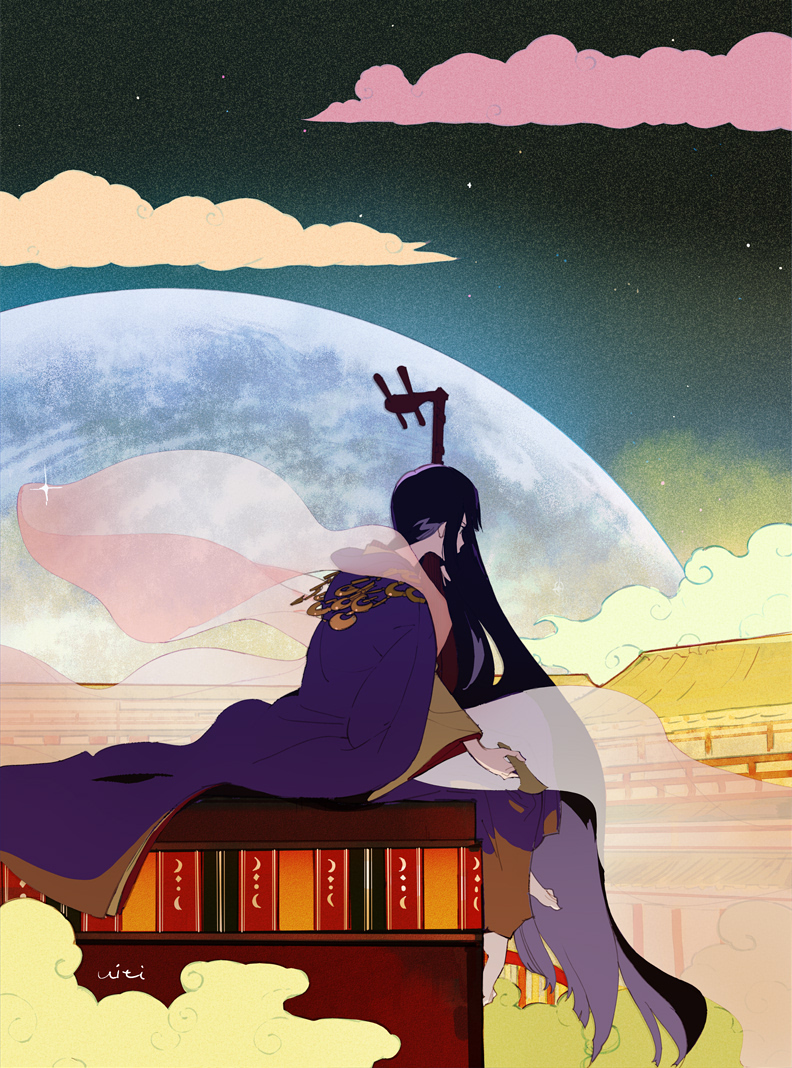 1girl absurdly_long_hair barefoot black_hair cloud female_focus from_side full_body full_moon holding japanese_clothes kaguya_hime kimono long_hair long_sleeves moon night night_sky original purple_kimono signature sitting sky solo star_(sky) taketori_monogatari ukumo_uichi very_long_hair