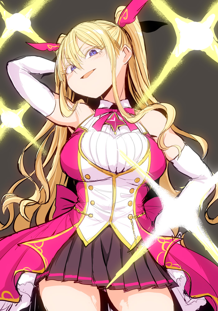 1girl :d ami_ria arm_behind_head arm_up black_skirt blonde_hair blue_eyes breasts cowboy_shot elbow_gloves gloves hair_between_eyes hand_on_own_hip ken_(koala) large_breasts long_hair looking_at_viewer magia_record:_mahou_shoujo_madoka_magica_gaiden magical_girl mahou_shoujo_madoka_magica neck_ribbon open_mouth pink_ribbon pink_shirt pleated_skirt ribbon shirt skirt smile solo sparkle standing two_side_up very_long_hair white_shirt
