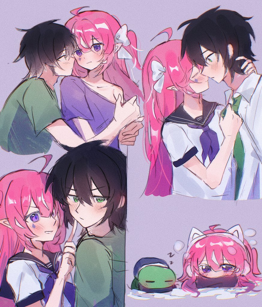 1boy 1girl ahoge black_hair black_sailor_collar camila_(vtuber) collared_shirt green_eyes green_shirt indie_virtual_youtuber long_hair off-shoulder_shirt off_shoulder pink_hair pinkpink939 purple_eyes purple_shirt sailor_collar school_uniform serafuku shirt short_hair simple_background single_off_shoulder upper_body vedal987 vedal_ai virtual_youtuber white_shirt