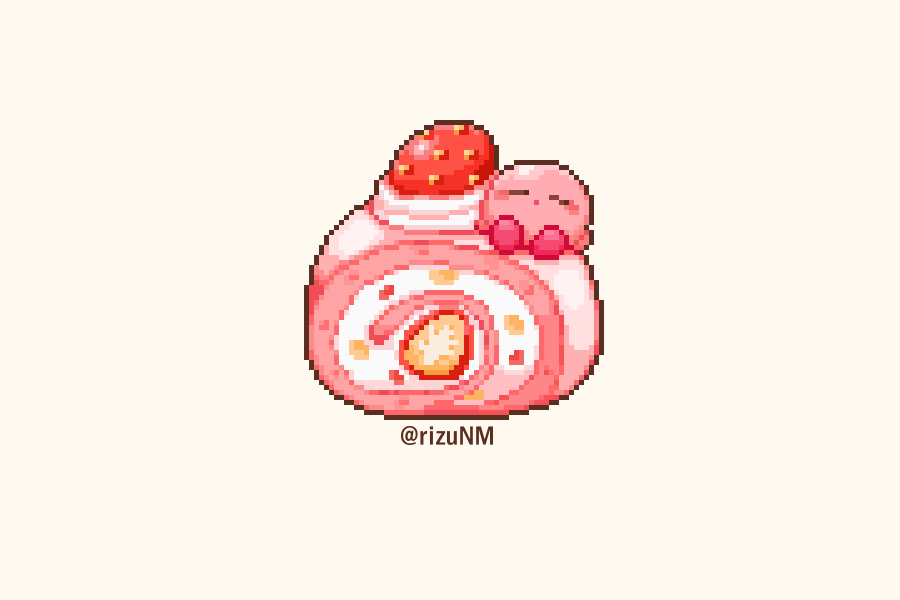 blush_stickers cake closed_eyes commentary_request food food_focus fruit kirby kirby_(series) nintendo no_humans on_food open_mouth pink_shoes pixel_art rizu_(rizunm) shoes simple_background sitting strawberry strawberry_slice swiss_roll twitter_username yellow_background