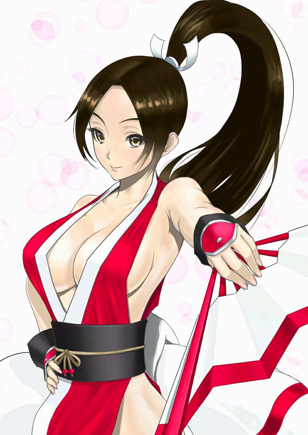 1girl anagumasan bare_shoulders breasts brown_eyes brown_hair cleavage closed_mouth collarbone commentary_request fatal_fury female_focus fingernails hand_fan hand_on_own_hip highres holding holding_fan japanese_clothes large_breasts lisp long_hair looking_at_viewer ninja polka_dot polka_dot_background ponytail revealing_clothes shiranui_mai simple_background smile snk solo the_king_of_fighters upper_body