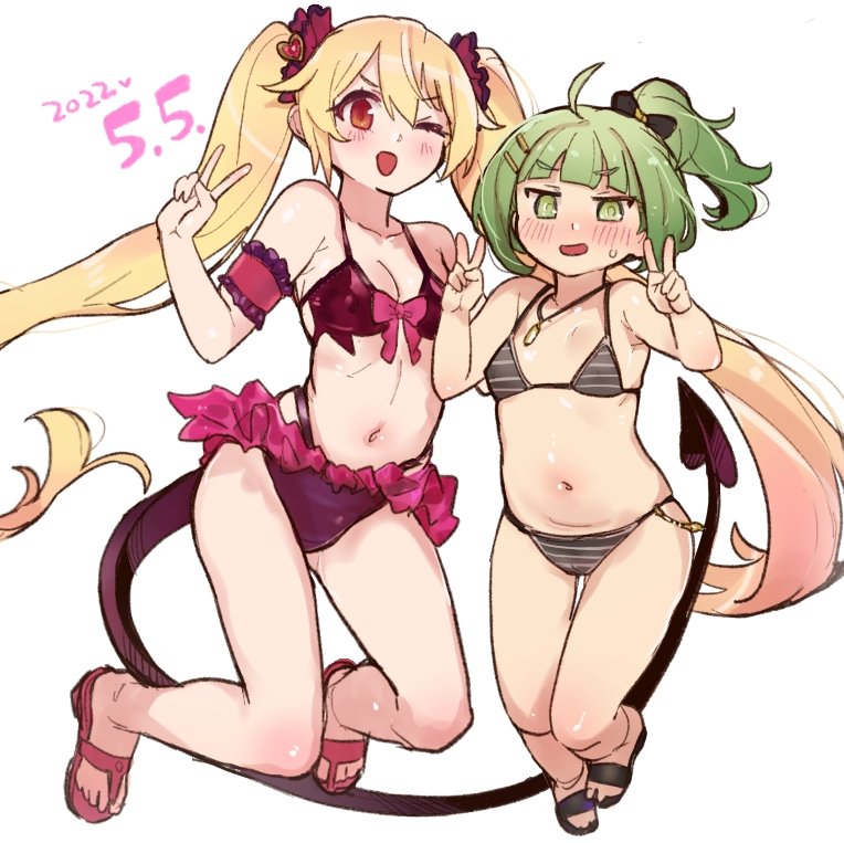 2girls ahoge aimitsu_(ibityuttyu) bikini blonde_hair blush breasts dated demon_tail double_v flat_chest flip-flops frilled_bikini frills green_eyes green_hair jewelry kisaki_emiri long_hair magia_record:_mahou_shoujo_madoka_magica_gaiden mahou_shoujo_madoka_magica miyako_hinano miyako_hinano_(swimsuit_costume) multiple_girls necklace one_eye_closed petite ponytail red_eyes sandals small_breasts striped_bikini striped_clothes sweatdrop swimsuit tail twintails v very_long_hair