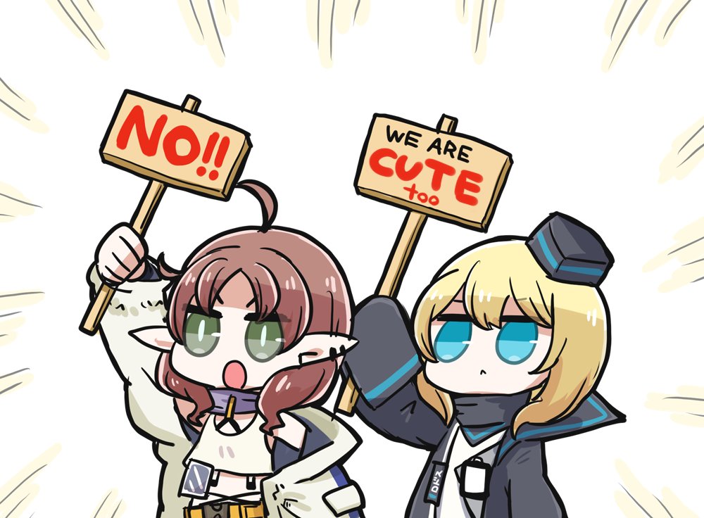 2girls ahoge arknights arm_up black_coat black_headwear blonde_hair blue_eyes closed_mouth coat dog-san durin_(arknights) dwarf emphasis_lines english_text green_eyes hat holding holding_sign jacket long_hair long_sleeves multiple_girls myrtle_(arknights) no open_clothes open_coat open_jacket open_mouth placard red_hair short_hair sign sleeves_past_fingers sleeves_past_wrists tank_top upper_body white_jacket white_tank_top