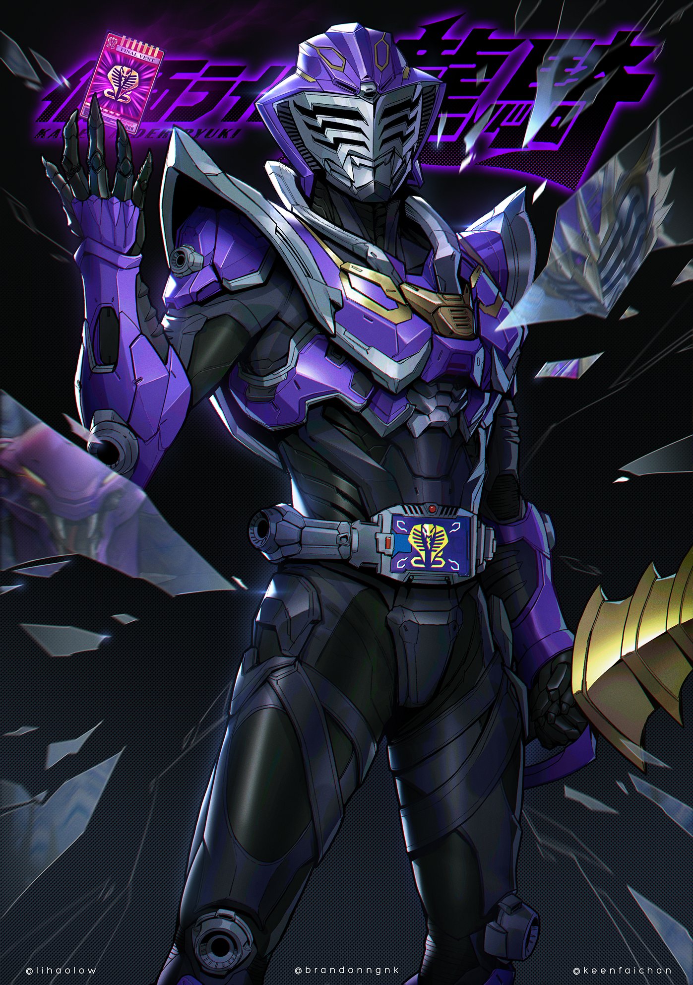 1boy 2025 advent_card advent_deck armor artist_collaboration belt bodysuit broken_mirror card chinese_zodiac cobra_(animal) contract_monster gloves helmet highres holding holding_sword holding_weapon kamen_rider kamen_rider_ouja kamen_rider_ouja_survive kamen_rider_outsiders kamen_rider_ryuki_(series) keen_fai lihaolow male_focus mask mirror nekokang1 purple_armor solo sword tokusatsu v_buckle venosaber venosnaker weapon year_of_the_snake