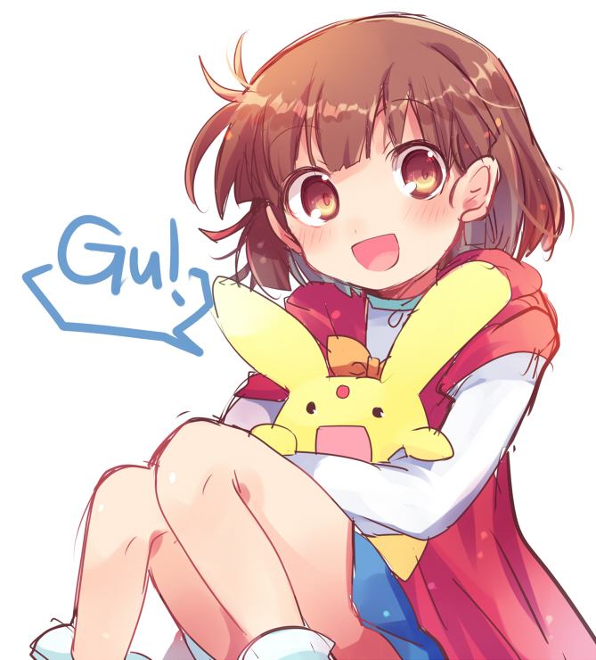 1girl arle_nadja blue_skirt bow brown_eyes brown_hair cape carbuncle_(puyopuyo) compile head_tilt long_sleeves looking_at_viewer madou_monogatari open_mouth orange_bow puyopuyo red_cape shirt sitting skirt smile speech_bubble white_background white_shirt xox_xxxxxx