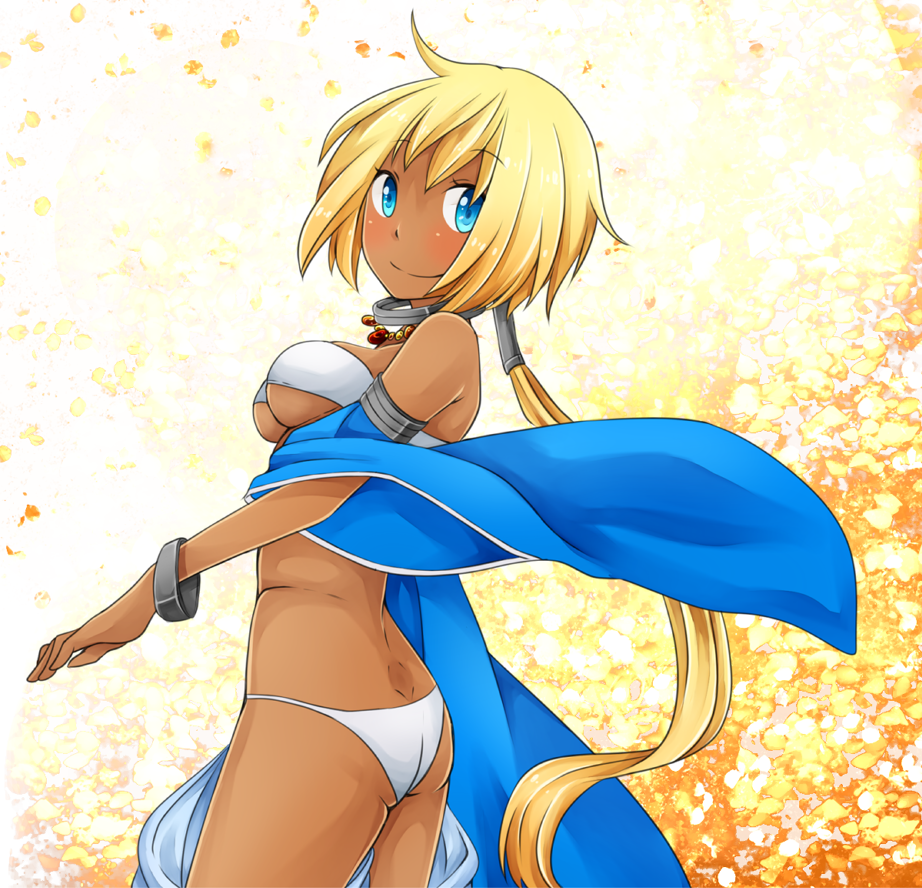 1girl alternate_color ass back bikini blonde_hair blue_eyes blue_sleeves blush breasts closed_mouth commentary_request cowboy_shot dark-skinned_female dark_skin detached_sleeves gypsy_(ragnarok_online) long_hair looking_at_viewer looking_to_the_side low_ponytail medium_breasts meiko_(nattu303) ponytail ragnarok_online smile solo swimsuit underboob very_long_hair white_bikini yellow_background