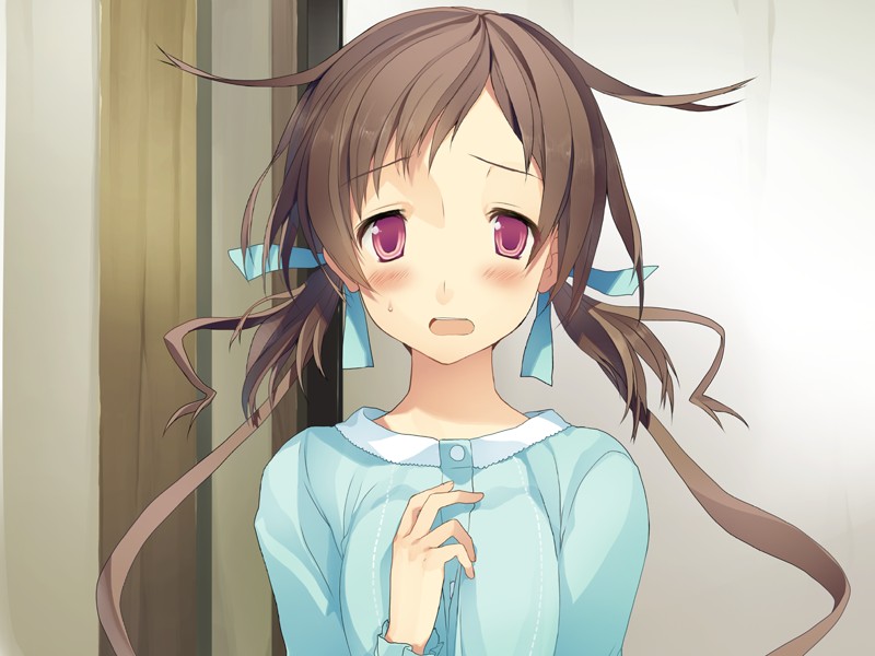 10s 1girl akinashi_yuu aomi_isara blush bow brown_hair female_focus game_cg hair_bow hair_ornament koi_to_senkyo_to_chocolate open_mouth pink_eyes solo twintails