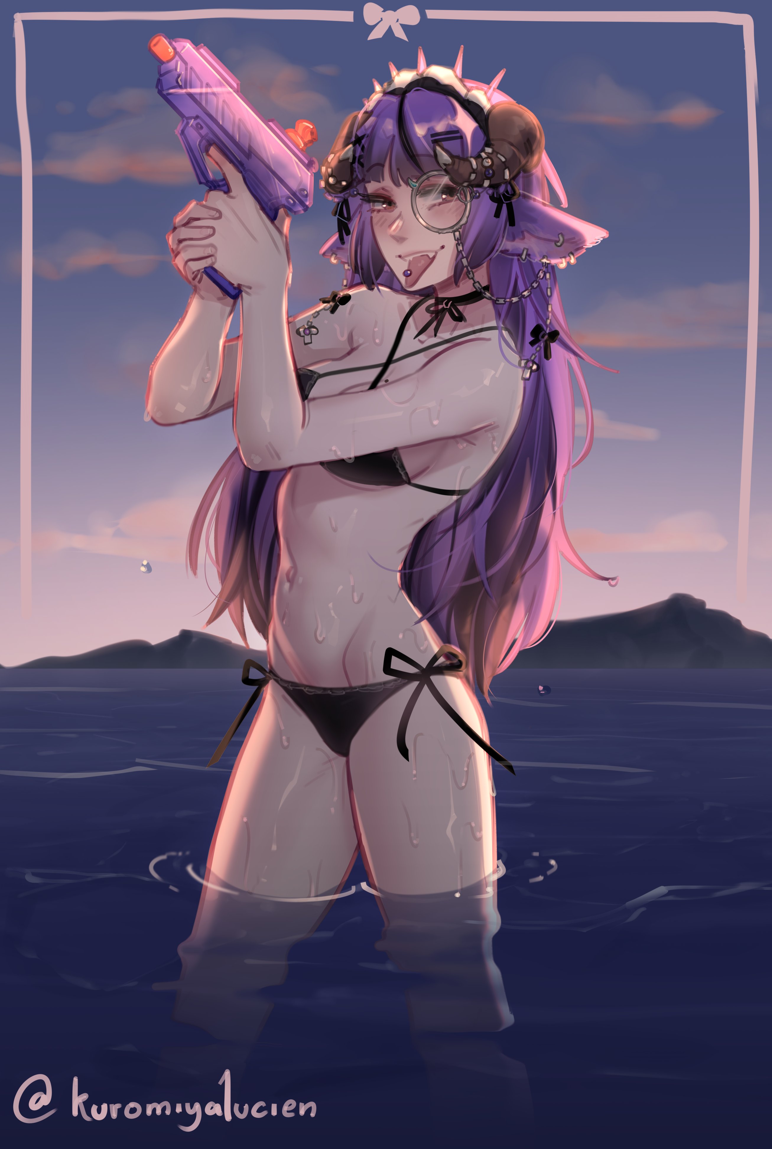 1girl absurdres bare_shoulders beach bikini black_bikini black_bow black_choker black_hair blush bow choker cloud collarbone fangs hair_bow hair_ornament hairclip highres holding holding_water_gun horns indie_virtual_youtuber kuromiya_lucien long_hair monocle multicolored_hair navel outdoors piercing pink_hair popopoka smile solo stomach swimsuit tongue_piercing wading water_gun
