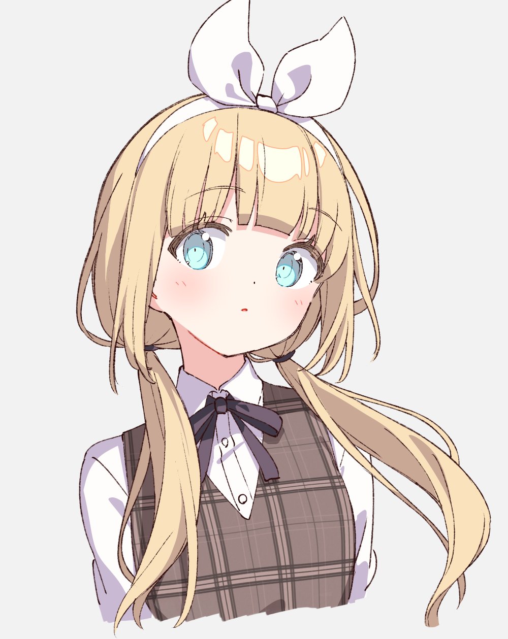 1girl arched_bangs black_ribbon blonde_hair blue_eyes blush brown_sweater_vest character_request collared_shirt commentary_request copyright_request cropped_torso dress_shirt hairband highres long_hair looking_at_viewer low_twintails neck_ribbon parted_lips plaid_clothes plaid_sweater_vest ribbon shirt simple_background solo sweater_vest twintails white_background white_hairband white_shirt zoirun