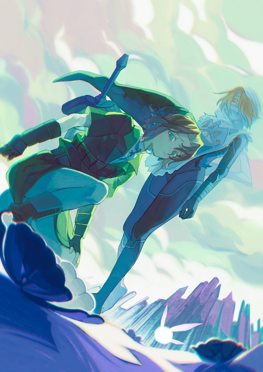 1boy 1girl blonde_hair blue_bodysuit blue_eyes bodysuit boots brown_footwear brown_gloves celiahoodcat commentary dutch_angle fairy gloves green_hat green_sky green_tunic hat headscarf highres link looking_at_object master_sword navi nintendo on_one_knee pants pointy_ears scarf sheik sky standing sword sword_on_back the_legend_of_zelda the_legend_of_zelda:_ocarina_of_time tunic weapon weapon_on_back white_pants white_scarf