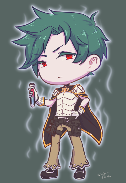 1boy aura belt belt_pouch bio_lab black_belt black_shoes brown_cape brown_pants cape chibi chibi_only closed_mouth commentary corked_bottle creator_(ragnarok_online) english_commentary flamel_emure full_body gloves green_background green_hair lilblkrose looking_at_viewer male_focus pants pouch ragnarok_online red_eyes shirt shoes short_hair sleeveless sleeveless_shirt solo standing teeth v-shaped_eyebrows vial white_gloves white_shirt