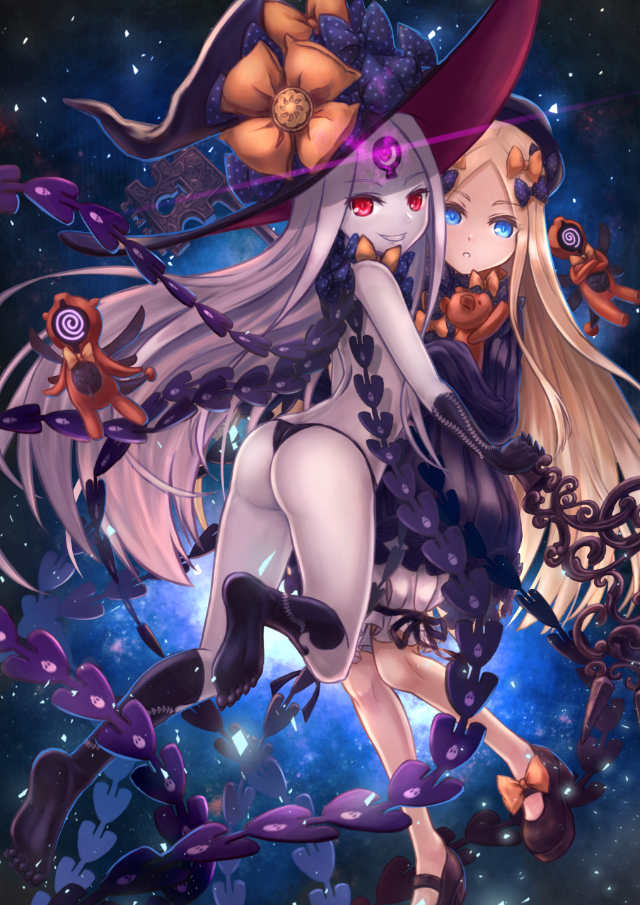 2girls abigail_williams_(fate) abigail_williams_(third_ascension)_(fate) ass black_bow black_dress black_footwear black_gloves black_headwear black_panties black_socks blonde_hair bloomers blue_eyes blush bow bug butterfly commentary_request dress dual_persona elbow_gloves fate/grand_order fate_(series) forehead gloves glowing glowing_eye grin hair_bow hat hat_bow highres holding holding_key hugging_object insect key keyhole kneehighs long_hair long_sleeves looking_at_viewer looking_back mary_janes multiple_girls orange_bow oversized_object pale_skin panties parted_bangs parted_lips pixiv_fate/grand_order_contest_2 polka_dot polka_dot_bow red_eyes revealing_clothes revision sharp_teeth shoes silver_hair skull_print sleeves_past_fingers sleeves_past_wrists smile socks soles stuffed_animal stuffed_toy teddy_bear teeth third_eye thong topless_female tsukizaki_shizuka underwear very_long_hair white_bloomers witch_hat