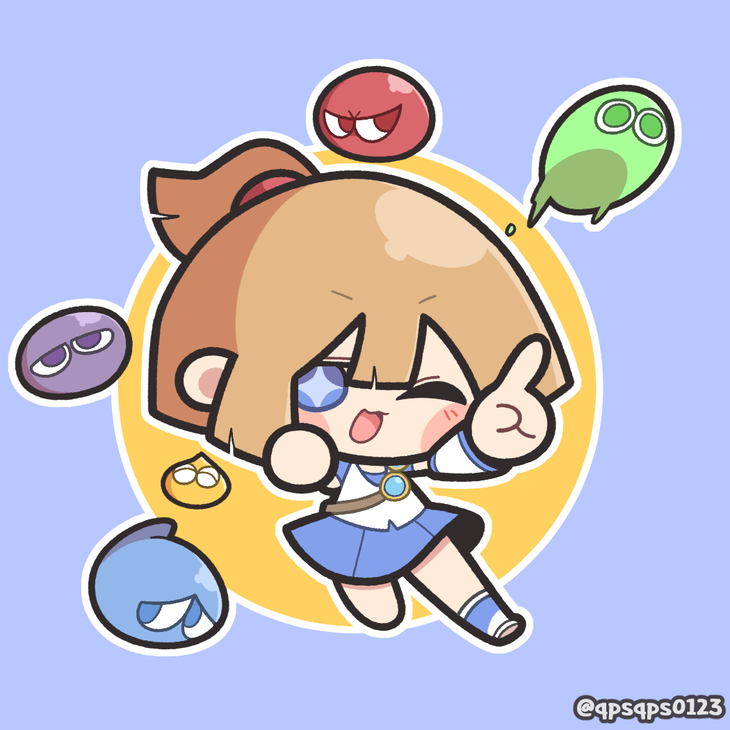 1girl ;3 arle_nadja baek_ban blue_eyes blue_shoes blue_skirt blue_trim blush_stickers brown_hair chibi chibi_only detached_sleeves hair_between_eyes one_eye_closed open_mouth pointing pointing_at_viewer ponytail puyo_(puyopuyo) puyopuyo shirt shoes skirt smile sparkling_eyes v-shaped_eyebrows white_shirt white_sleeves