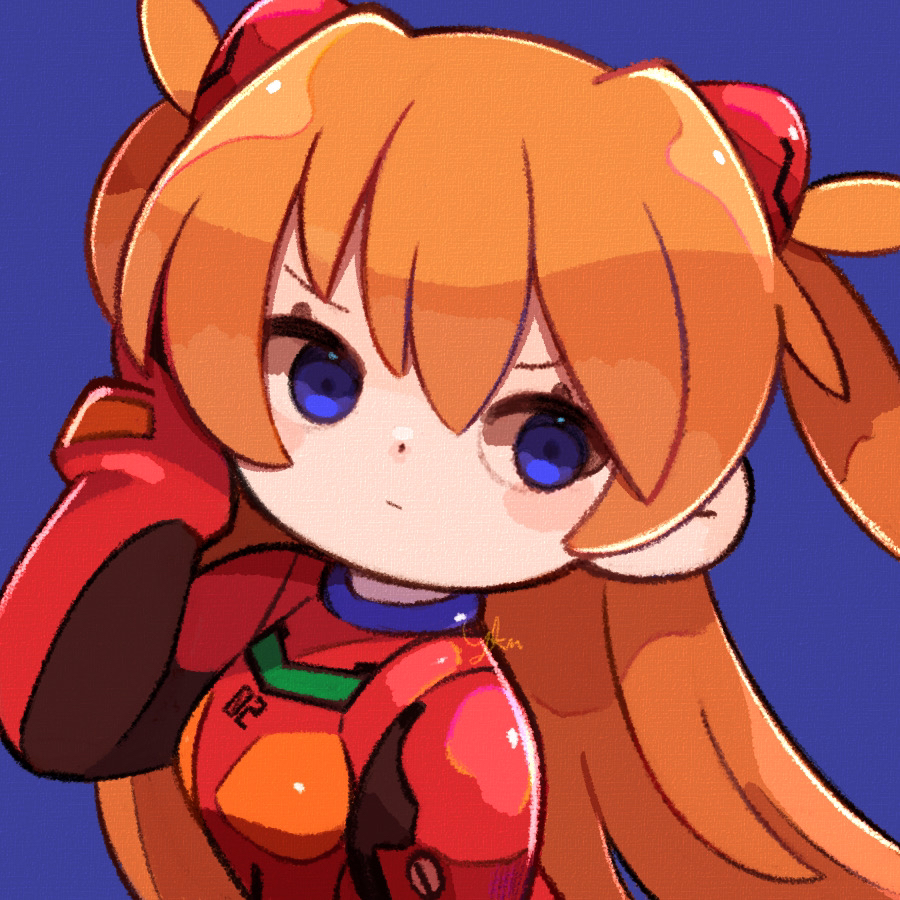 1girl :| blue_background blue_eyes bodysuit closed_mouth dot_nose long_hair looking_to_the_side mecha_pilot_suit neon_genesis_evangelion orange_hair plugsuit_(evangelion) signature simple_background solo souryuu_asuka_langley yknsugar