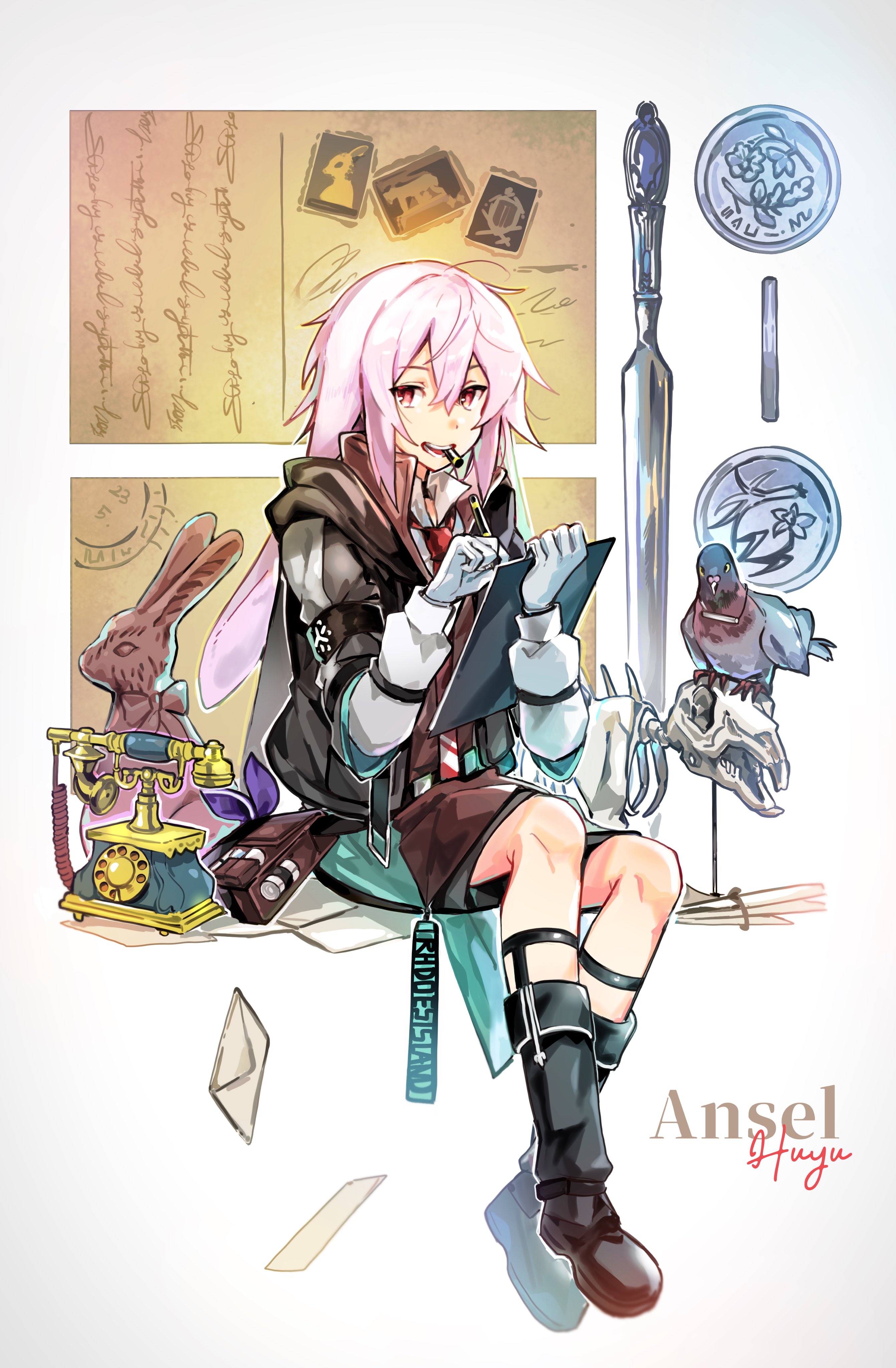 1boy absurdres animal_ears animal_skull ansel_(arknights) arknights bag bird black_boots black_coat boots brown_shorts brown_vest character_name chocolate_bunny clipboard coat collared_shirt commentary corded_phone full_body gloves highres holding holding_clipboard letter letter_opener long_sleeves looking_at_viewer male_focus necktie open_mouth pen phone pigeon pink_eyes pink_hair rabbit_boy rabbit_ears red_necktie shirt short_hair shorts sidelocks signature simple_background skull solo symbol-only_commentary thigh_boots vest wed_(lim38869577) white_background white_gloves white_shirt writing