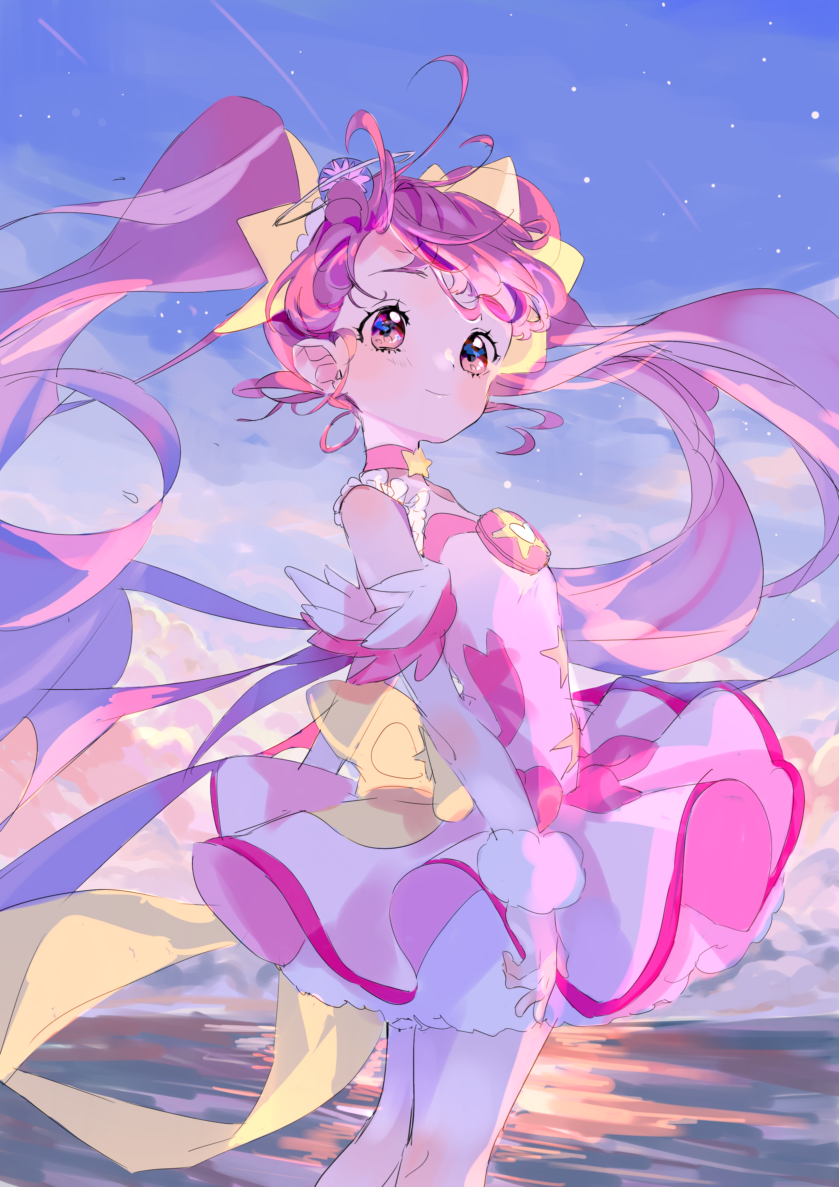 1girl absurdres ahoge back_bow bow brooch choker cloud cowboy_shot cure_star dawn detached_sleeves floating_hair hair_ornament highres hoshina_hikaru jewelry leotard light_smile long_hair magical_girl ocean outdoors petticoat pink_eyes pink_hair pink_leotard pink_skirt pleated_skirt precure seika_(yuimarutoka0219) skirt sky solo star_(symbol) star_brooch star_hair_ornament star_twinkle_precure twintails very_long_hair wrist_cuffs yellow_bow