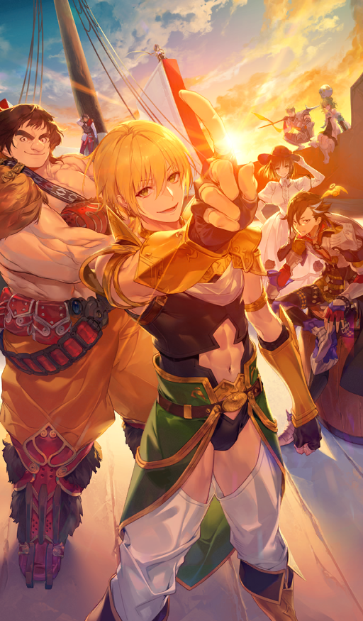 2girls 6+boys abs achilles_(fate) androgynous apollo_(fate) argonauts_(fate) arm_guards armlet armor atlantis_(fate/grand_order) barrel bartholomew_roberts_(fate) belt black_flower black_gloves black_hair black_hat black_leotard black_sash black_vest blonde_hair blue_sky boat boots breasts brown_belt brown_boots brown_eyes brown_hair bulge cape charlotte_corday_(fate) closed_mouth clothing_cutout cloud commentary dark-skinned_male dark_skin diffraction_spikes dress dress_flower dutch_angle elbow_gloves fate/grand_order fate_(series) figure_four_sitting fingerless_gloves flower gloves gold_armlet gold_armor green_cape green_eyes green_hair hair_between_eyes hand_on_headwear hat holding holding_polearm holding_weapon jason_(fate) jewelry kodama_(wa-ka-me) large_breasts leg_armor leotard looking_at_viewer male_focus mandricardo_(fate) mast medium_hair mochizuki_chiyome_(fate) multicolored_hair multiple_boys multiple_girls muscular muscular_male navel navel_cutout official_art on_barrel on_boat on_head open_mouth orange_pants pants paris_(fate) pointing polearm red_gloves red_pants sailboat sash sheep shield shield_on_back shirt short_hair shoulder_armor shoulder_sash sitting sky smile spear squatting standing stuffed_animal stuffed_toy sun sunlight sunset super_orion_(fate) teeth thick_eyebrows thigh_cutout third-party_source toned toned_male topless_male two-tone_hair vest waist_cape watercraft weapon white_dress white_hair white_pants white_shirt