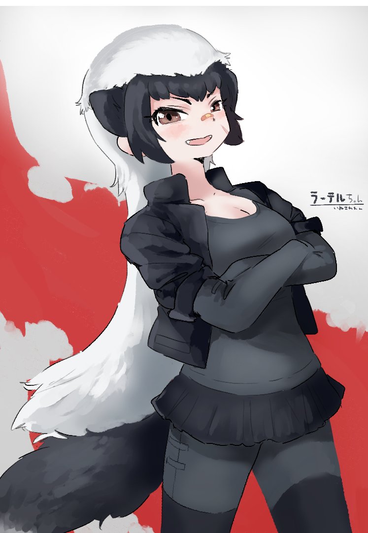 1girl animal_ears badger_ears badger_tail bandaid bandaid_on_face bandaid_on_nose black_hair breasts brown_eyes cleavage cowboy_shot crossed_arms elbow_gloves extra_ears facial_scar fangs gloves inu_(user_arjr4358) kemono_friends long_hair medium_breasts microskirt multicolored_hair open_clothes open_shirt parted_lips ratel_(kemono_friends) scar scar_on_cheek scar_on_face shirt_under_shirt shorts shorts_under_skirt skirt smile solo tail two-tone_hair very_long_hair white_hair