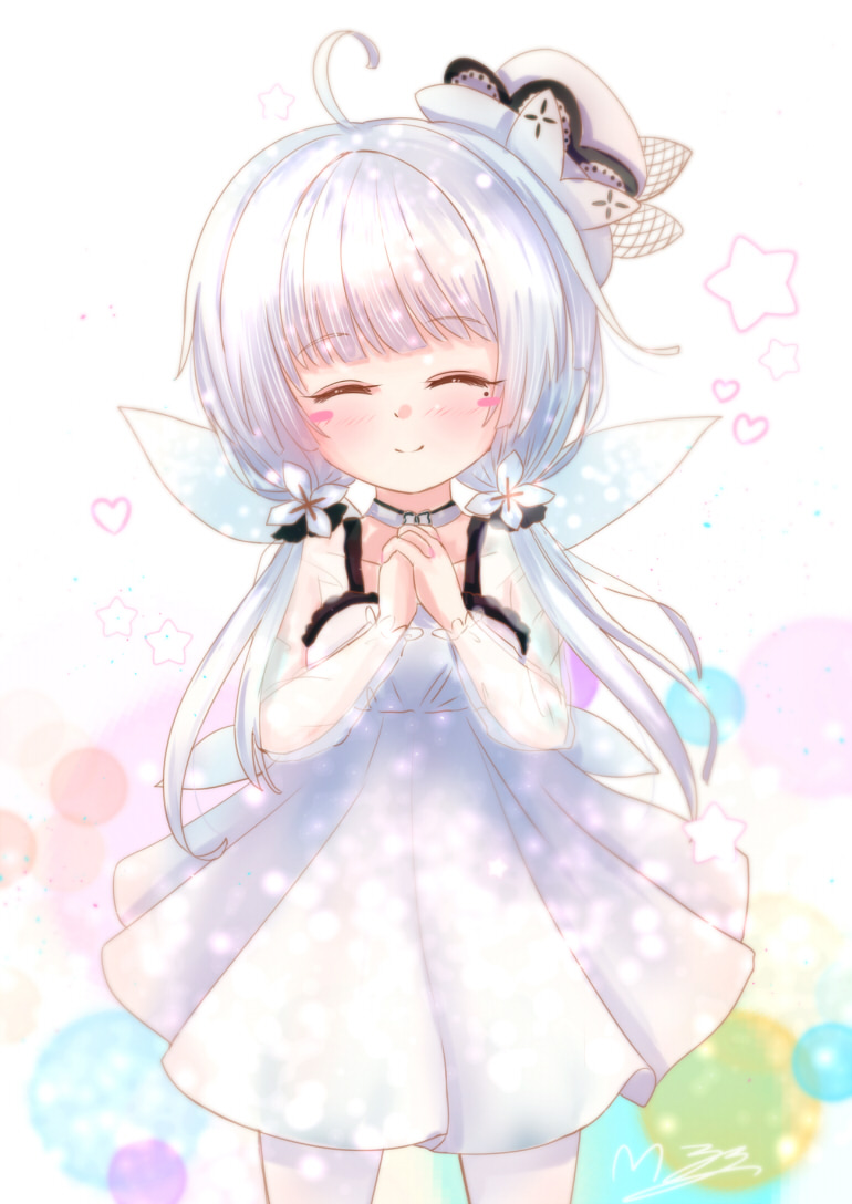 1girl ahoge azur_lane blunt_bangs blush_stickers breasts choker collarbone commentary_request dress fairy_wings hair_tubes hat little_illustrious_(azur_lane) long_hair looking_at_viewer low_twintails m_ko_(maxft2) mini_hat mole mole_under_eye own_hands_clasped own_hands_together see-through_clothes see-through_sleeves sidelocks small_breasts smile solo twintails white_dress wings