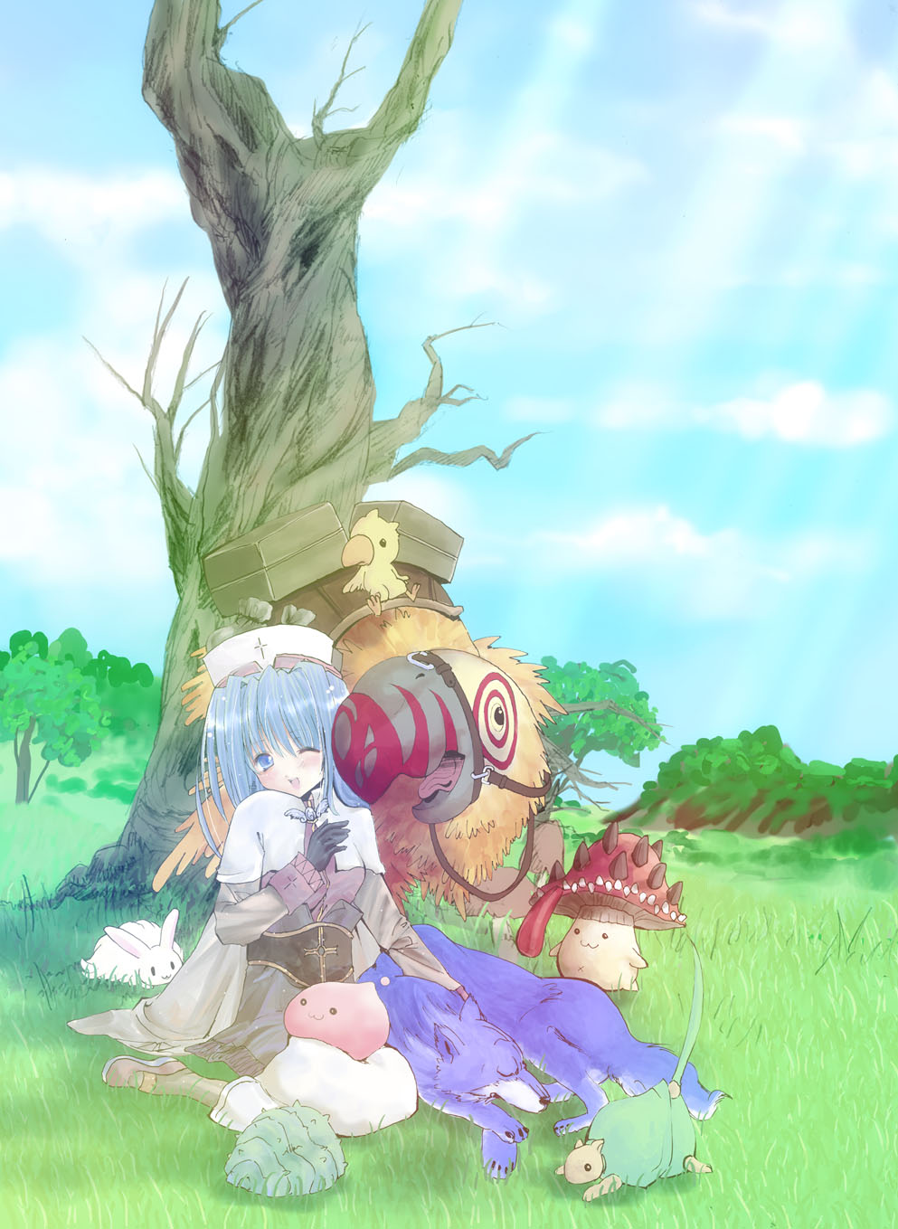 1girl 2000s_(style) :3 :d acolyte_(ragnarok_online) animal bad_id bare_tree bird biretta black_gloves blue_hair blush brown_shirt capelet caterpillar_tracks chick cloud commentary commentary_request day english_commentary fabre forest full_body gloves highres long_hair long_sleeves lunatic_(ragnarok_online) mixed-language_commentary mushroom nature one_eye_closed open_mouth outdoors oversized_animal peco_peco picky_(ragnarok_online) poring rabbit ragnarok_online reins shirt sitting skirt slime_(creature) smile spore_(ragnarok_online) tree wariza white_capelet white_headwear white_skirt wolf wolf_(ragnarok_online) wormtail_(ragnarok_online) yuiha_(zenmaishikibanshogi)