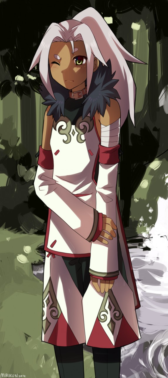 1boy artist_name bandaged_arm bandages bare_shoulders blush bodystocking bush closed_mouth collar dark-skinned_male dark_skin dated detached_sleeves forest fur-trimmed_shirt fur_trim grass green_eyes grey_hair hair_intakes hatomura_miri highres ivar_(tales) light_blush long_hair male_focus nature one_eye_closed outdoors ponytail shirt shorts signature sleeveless sleeveless_shirt solo standing stream tales_of_(series) tales_of_xillia tree water white_shirt white_shorts