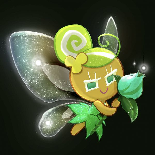 1girl bad_id bad_pixiv_id black_background cookie cvlvuse dress fairy fairy_cookie flower food green_dress green_eyes green_hair simple_background wings