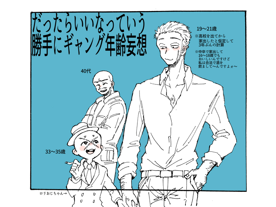 3boys bald batten_chan_(osomatsu-kun) blue_background boss_with_education_mother_(osomatsu-kun) character_age cigarette crew_cut facial_hair hat holding holding_cigarette looking_at_another male_focus mature_male moge_(moge_morgen) multiple_boys mustache osomatsu-kun osomatsu_(series) outside_border scar scar_on_face smile tetsu_the_killer_(osomatsu-kun) top_hat