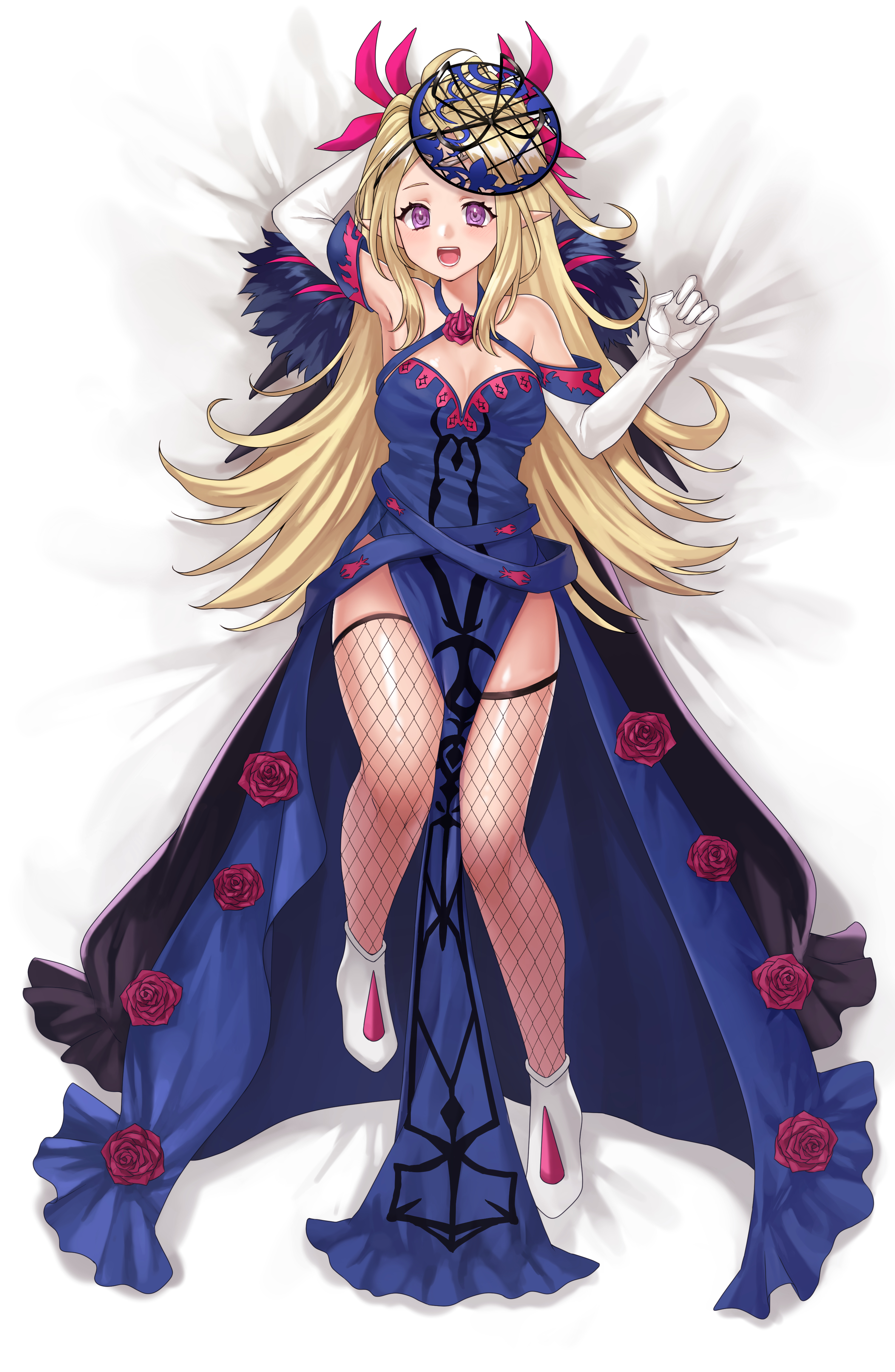 1girl :d absurdres alternate_costume arm_up armpits bare_shoulders blonde_hair blue_dress breasts cleavage cosplay criss-cross_halter detached_sleeves dress elbow_gloves fire_emblem fire_emblem_awakening fire_emblem_engage fishnet_thighhighs fishnets gloves halterneck hazuki_(nyorosuke) highres ivy_(fire_emblem) ivy_(fire_emblem)_(cosplay) long_hair looking_at_viewer nintendo nowi_(fire_emblem) open_mouth pelvic_curtain pointy_ears purple_eyes shoes short_sleeves small_breasts smile solo thighhighs thighs very_long_hair white_gloves white_shoes