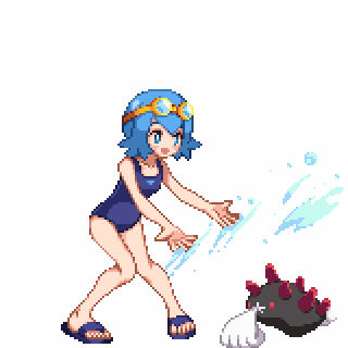 1girl blue_eyes blue_hair creatures_(company) game_freak gen_7_pokemon goggles goggles_on_head lana_(pokemon) lowres nintendo one-piece_swimsuit open_mouth pixel_art pokemon pokemon_(anime) pokemon_(creature) pokemon_sm pokemon_sm_(anime) pyukumuku sandals shirokuro_(oyaji) short_hair simple_background splashing swimsuit trial_captain white_background