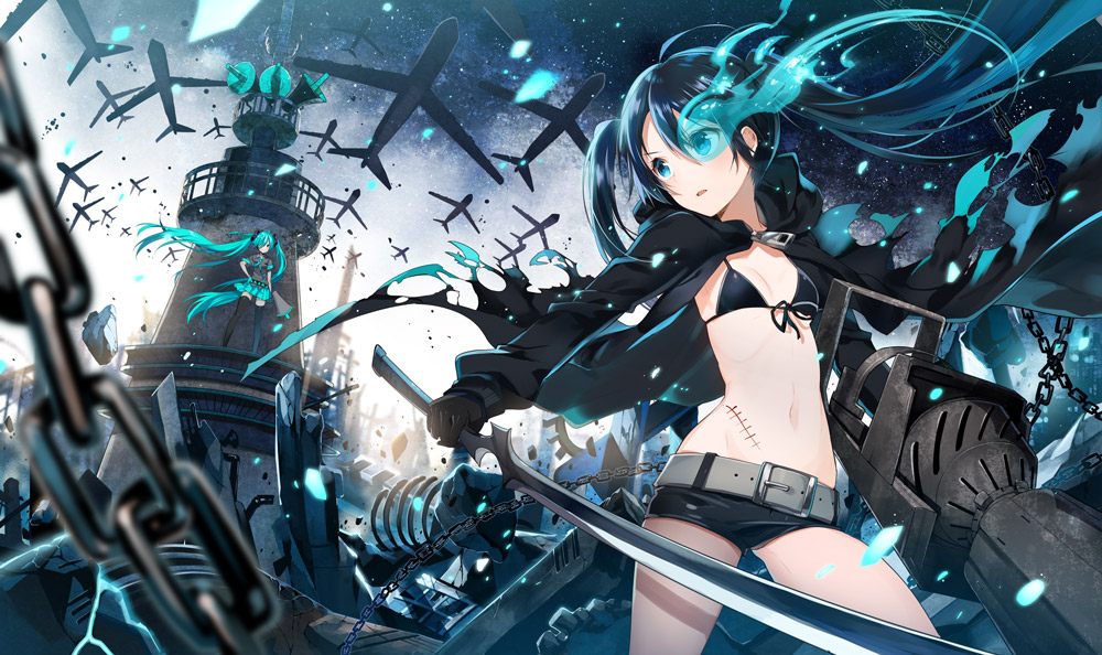 10s 2girls aircraft airplane aqua_hair arm_cannon bikini bikini_top_only black_hair black_rock_shooter black_rock_shooter_(character) blue_eyes creator_connection crossover glowing glowing_eye hatsune_miku katana koi_wa_sensou_(vocaloid) long_hair megaphone midriff multiple_girls scar shorts swimsuit sword thighhighs twintails very_long_hair vocaloid weapon yuzuki_kihiro
