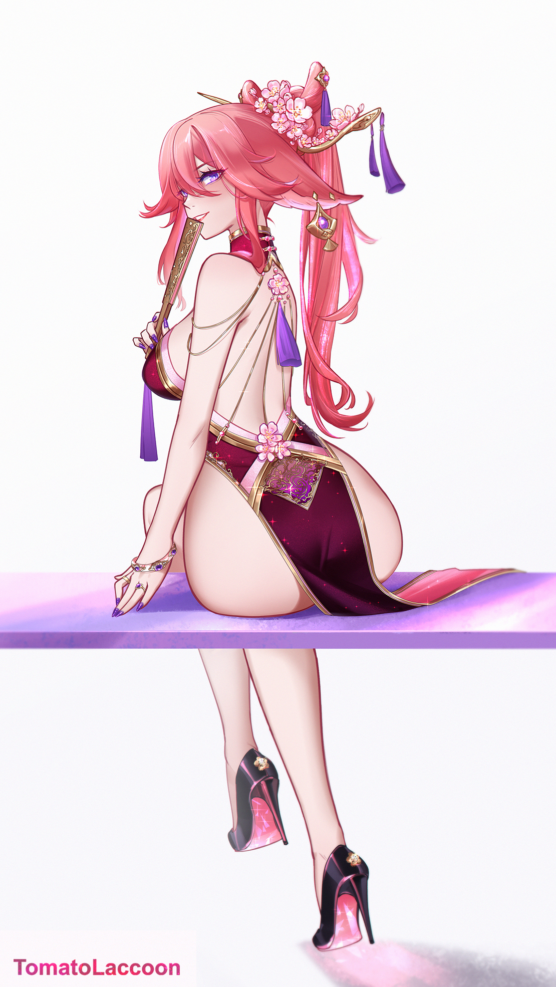 1girl alternate_costume ass backless_dress backless_outfit bracelet breasts china_dress chinese_clothes clenched_teeth crossed_legs dress genshin_impact hair_ornament hand_fan high_heels highres holding holding_fan jewelry large_breasts lipstick looking_at_viewer looking_back makeup median_furrow patent_heels pelvic_curtain pink_hair pumps purple_eyes purple_nails red_dress red_soles shoes sitting solo stiletto_heels teeth tomatolaccoon yae_miko