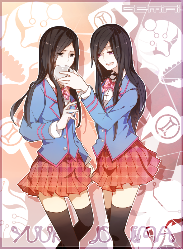 2girls bad_id bad_pixiv_id black_hair black_legwear bow character_name dual_persona gemini_(zodiac) gemini_zodiarts grey_eyes hakuel joujima_yuuki kamen_rider kamen_rider_fourze_(series) long_hair mask multiple_girls open_mouth red_eyes school_uniform skirt smile thighhighs zodiac