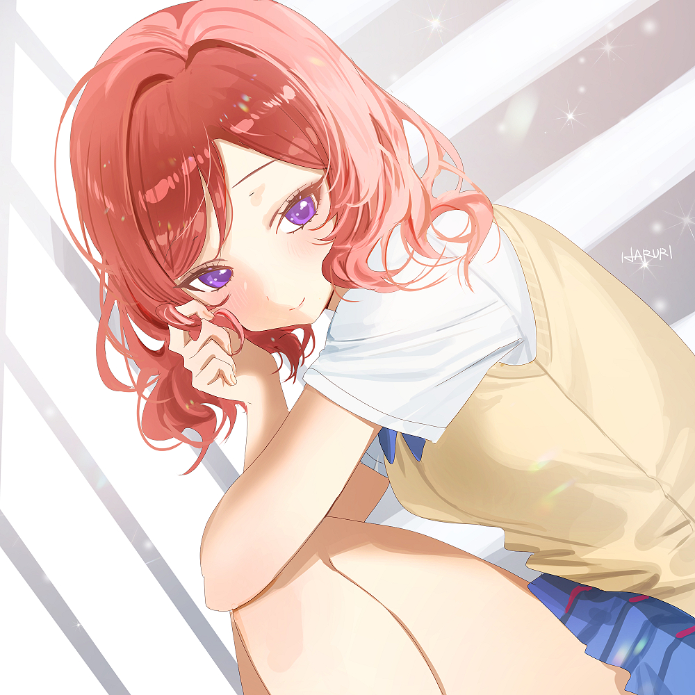 1girl collared_shirt haruri looking_at_viewer love_live! medium_hair nishikino_maki plaid_clothes plaid_skirt purple_eyes red_hair shirt short_sleeves skirt solo vest white_shirt