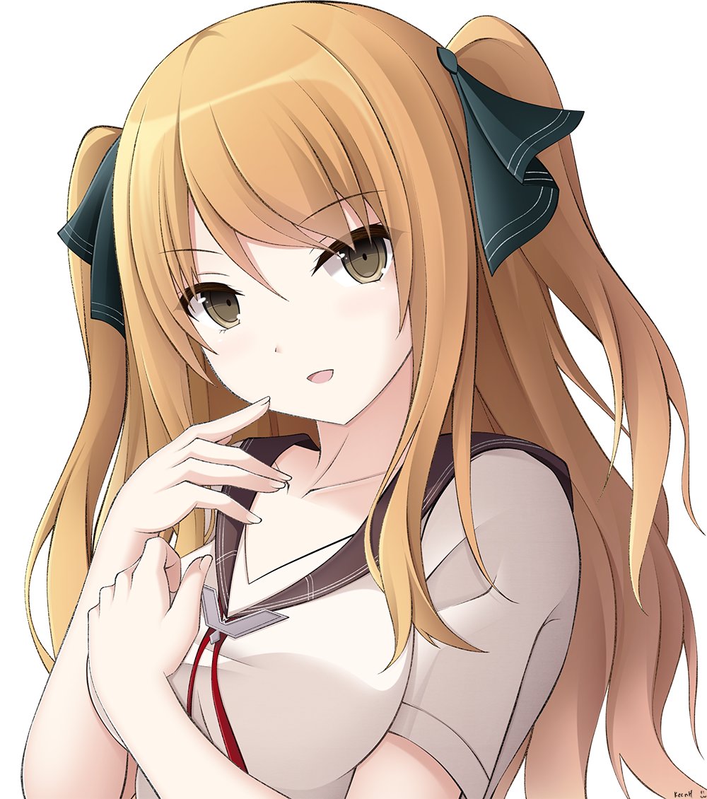 1girl ao_no_kanata_no_four_rhythm bare_arms black_ribbon blonde_hair bow brown_eyes collarbone commission finger_to_cheek keenh long_hair looking_at_viewer open_mouth pink_shirt ribbon satouin_reiko school_uniform shirt short_sleeves solo two_side_up