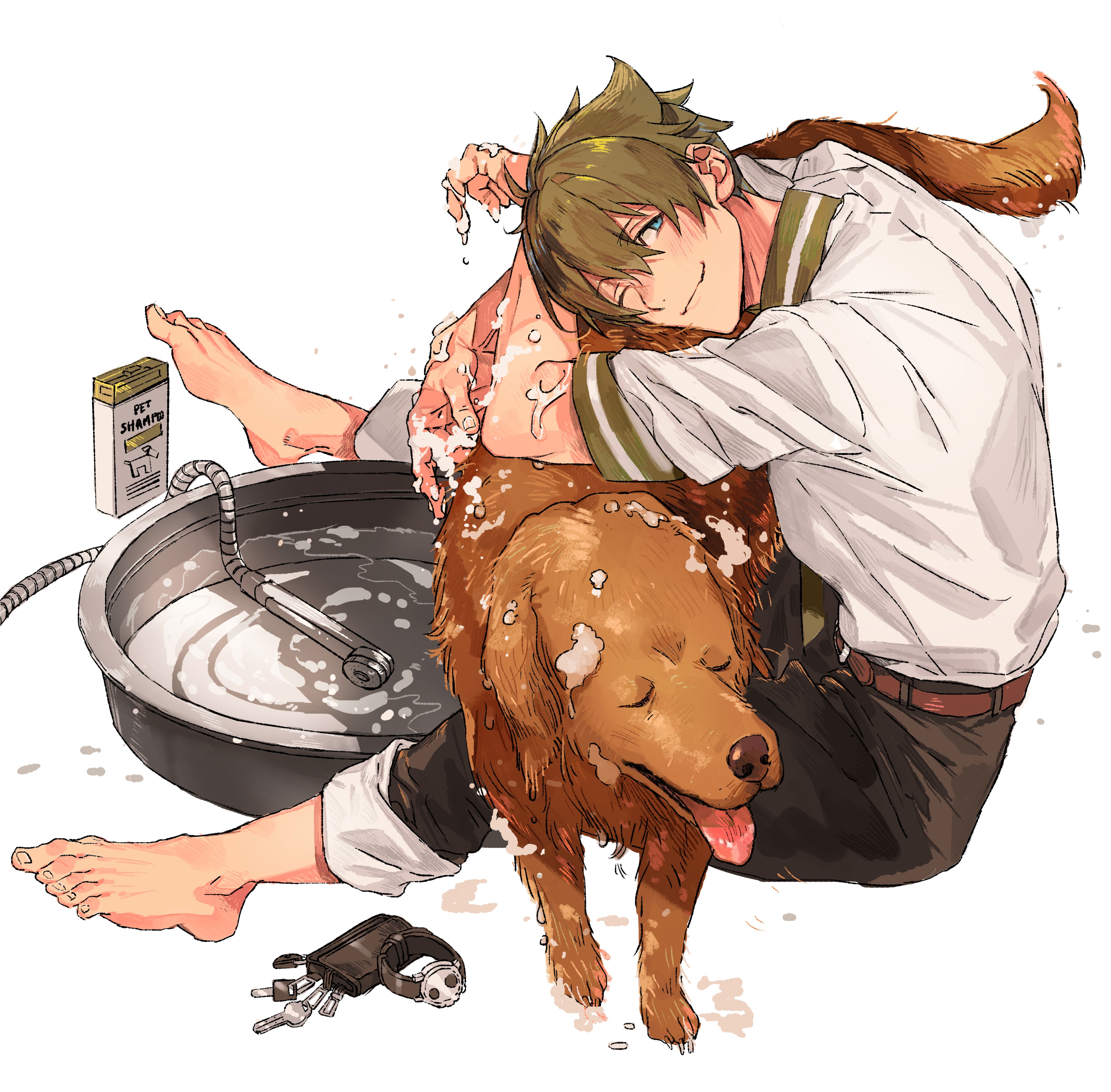 1boy absurdres barefoot basin belt black_pants blonde_hair blue_eyes blush brown_belt closed_mouth commentary_request dog foam full_body golden_retriever hair_between_eyes highres idolmaster idolmaster_side-m kashiwagi_tsubasa key looking_at_viewer male_focus nana_tetra one_eye_closed pants pants_rolled_up shampoo shirt short_hair shower_head simple_background sitting smile solo washing_animal water white_background white_shirt