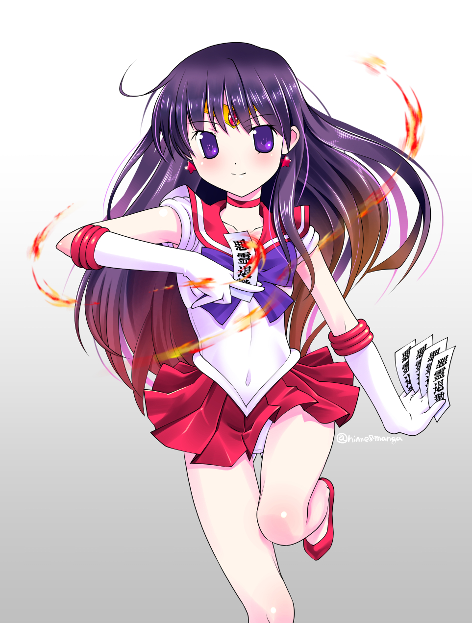 1girl between_fingers bishoujo_senshi_sailor_moon bow choker circlet closed_mouth collarbone covered_navel earrings elbow_gloves fire gloves gluteal_fold gradient_background highres himehachi_(hime8manga) hino_rei holding jewelry leg_up long_hair magical_girl miniskirt ofuda ofuda_between_fingers panties pantyshot pleated_skirt purple_bow purple_eyes purple_hair pyrokinesis red_choker red_sailor_collar red_shoes red_skirt sailor_collar sailor_mars sailor_senshi_uniform shirt shoes skirt sleeveless sleeveless_shirt smile solo split_mouth star_(symbol) star_earrings twitter_username underwear white_gloves white_panties white_shirt
