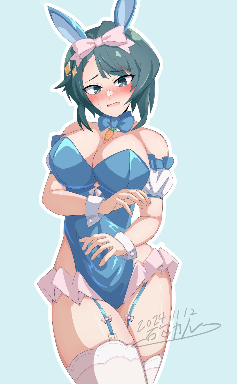 1girl aizawa_kazuha animal_ears artist_name assault_lily asymmetrical_hair bare_shoulders blue_background blue_bow blue_bowtie blue_eyes blue_hair blue_leotard blush bow bowtie breasts cleavage commentary cowboy_shot dated detached_collar detached_sleeves fake_animal_ears frilled_leotard frilled_sleeves frills garter_straps hair_bow hair_ornament hands_up highleg highleg_leotard highres ishitsuma_canon jewelry large_breasts leotard looking_at_viewer medium_hair nose_blush official_alternate_costume outline parted_lips pink_bow playboy_bunny puffy_detached_sleeves puffy_short_sleeves puffy_sleeves rabbit_ears raised_eyebrows ring short_sleeves simple_background solo sparkle_hair_ornament standing strapless strapless_leotard sweatdrop thighhighs white_bow white_outline white_thighhighs wrist_cuffs