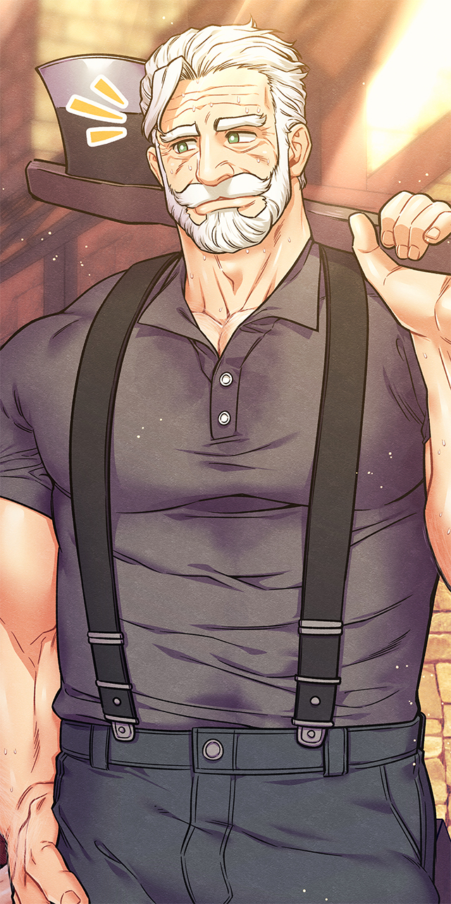 1boy axe bara beard black_pants black_shirt commentary english_commentary facial_hair green_eyes hand_on_own_hip highres holding holding_axe karl-heinz_leopold kim_nuruk liebling looking_to_the_side male_focus muscular muscular_male mustache notice_lines old old_man over_shoulder paid_reward_available pants pectorals shirt suspenders sweat very_sweaty white_hair wrinkled_skin
