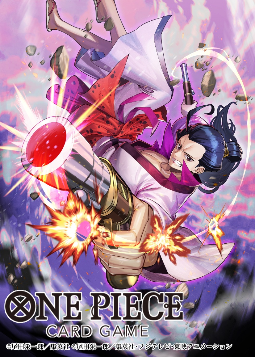 1boy attack bashikou blue_hair brown_eyes clenched_teeth commentary_request copyright_name flip-flops gun holding holding_gun holding_weapon izou_(one_piece) japanese_clothes kimono long_hair male_focus official_art one_piece one_piece_card_game pebble red_sash sandals sash smoke solo teeth weapon