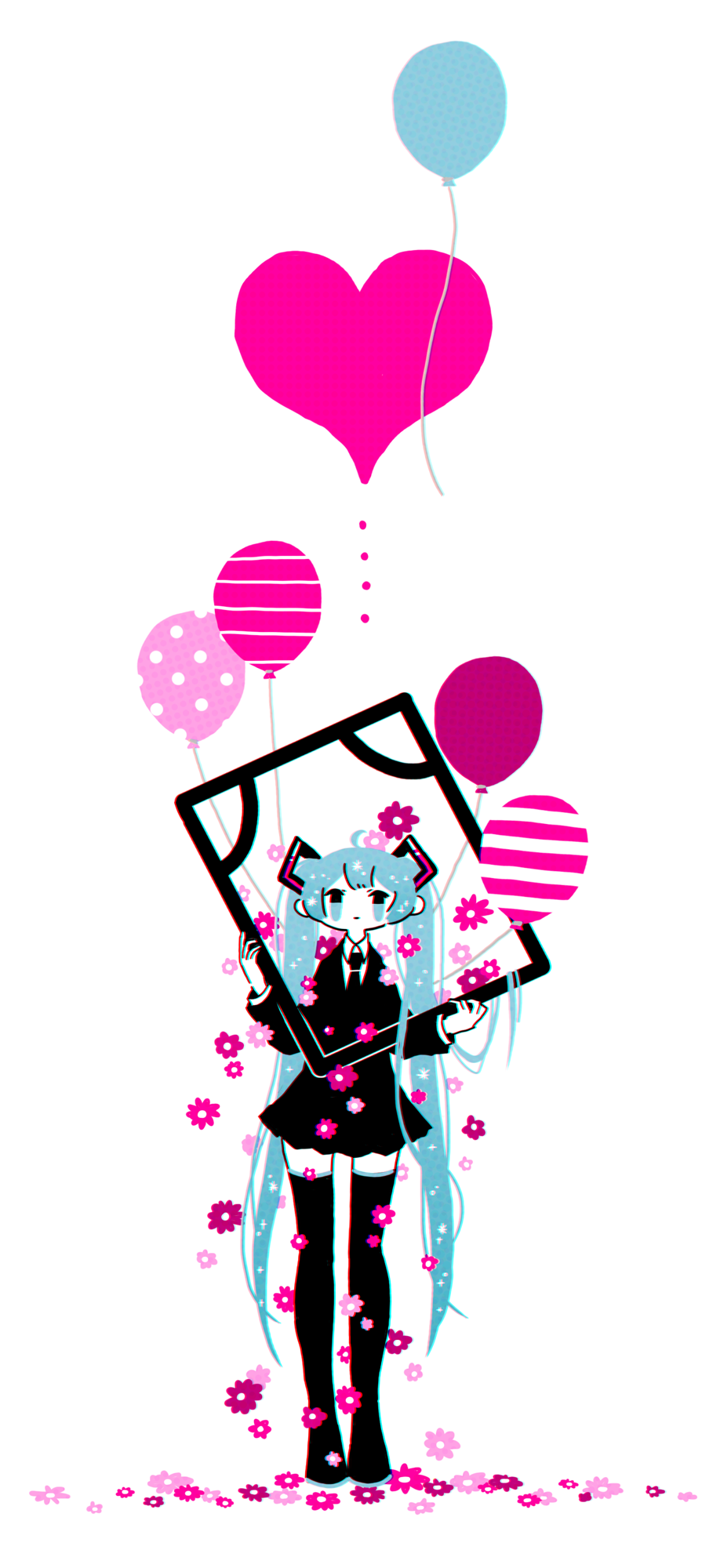 1girl aqua_eyes aqua_hair balloon black_boots black_necktie black_skirt black_thighhighs boots chromatic_aberration collared_shirt dokumitsu_akaringo flower hatsune_miku hatsune_miku_(saihate) highres iei jacket limited_palette long_hair long_sleeves looking_at_viewer necktie no_nose photo_(object) picture_frame pink_flower portrait_(object) saihate_(vocaloid) shirt skirt solo standing suit_jacket thigh_boots thighhighs twintails very_long_hair vocaloid white_background white_shirt